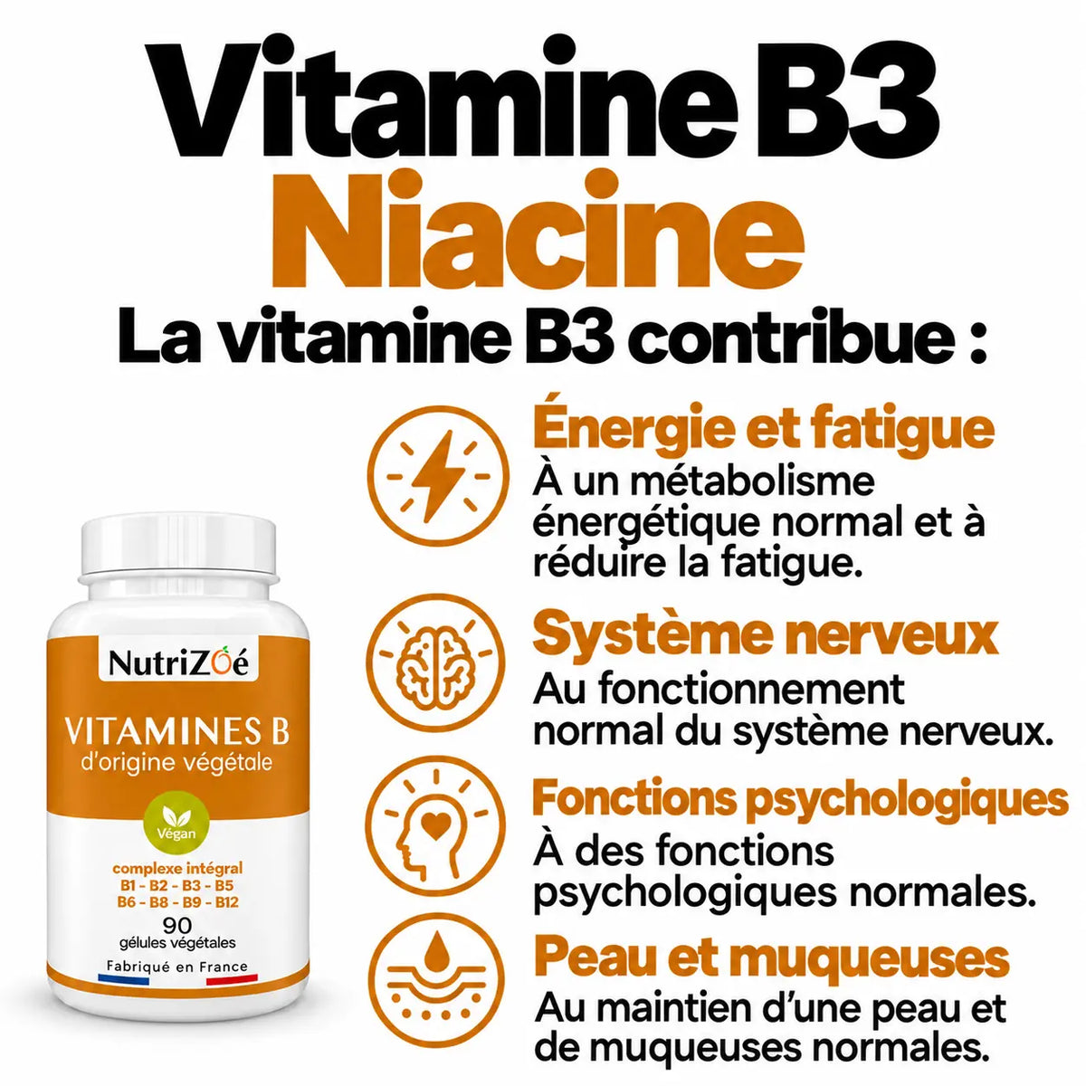 Vitamines B complexe intégral | complexe vitamines b3 bienfaits peau energie nutrizoe