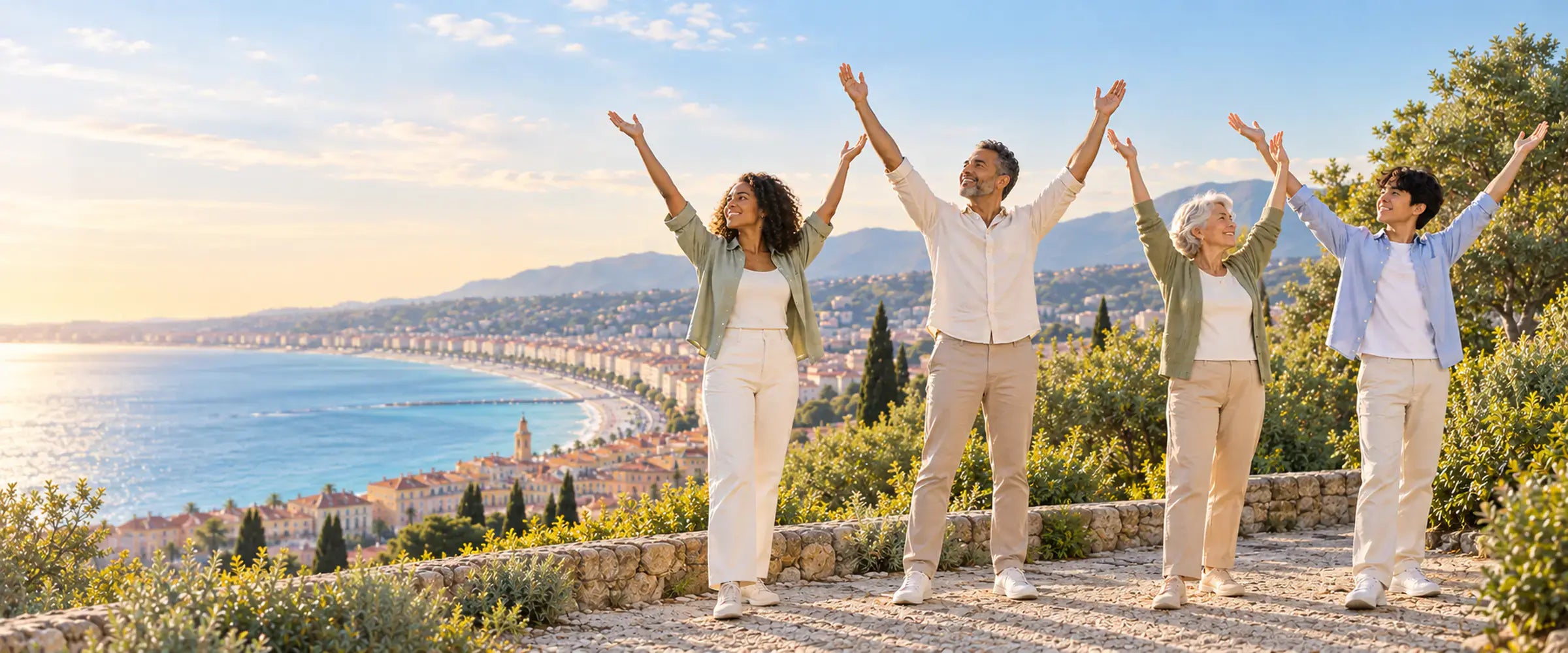 Personnes de tous âges et de toutes origines s'étirant au lever du soleil face à la baie de Nice